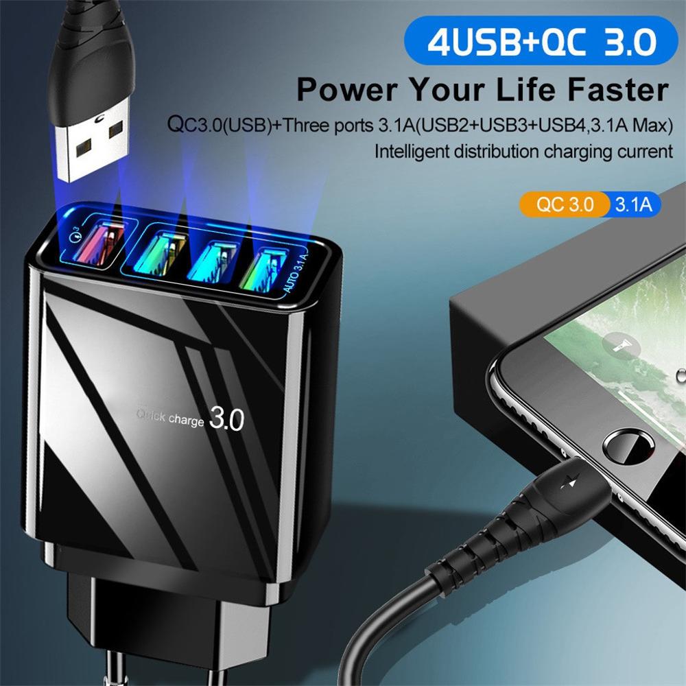 Illuminated 4USB mobile phone charger 3A charging head with four USB ports and glowing indicator light