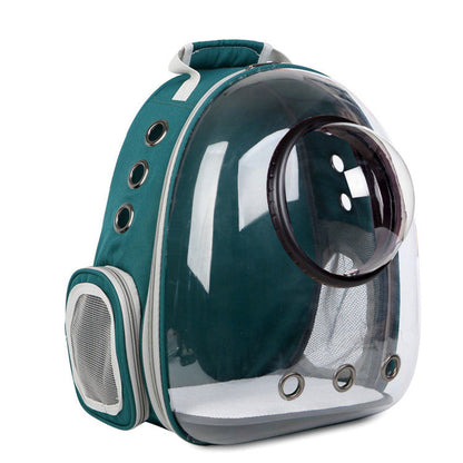 Transparent cat carrier bag with breathable panels and padded straps for comfortable pet travel