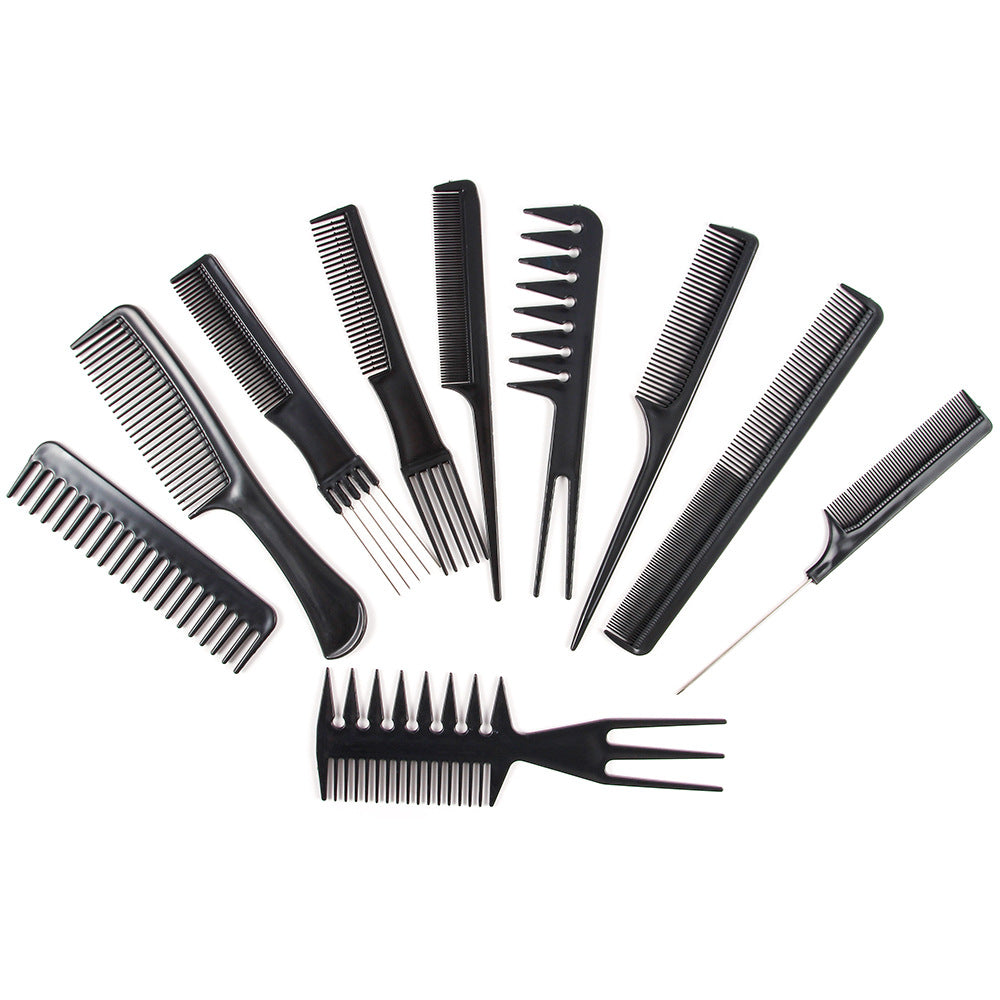 Ten-piece hair comb set with assorted combs in various shapes and sizes