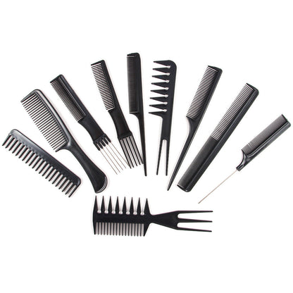 Ten-piece hair comb set with assorted combs in various shapes and sizes
