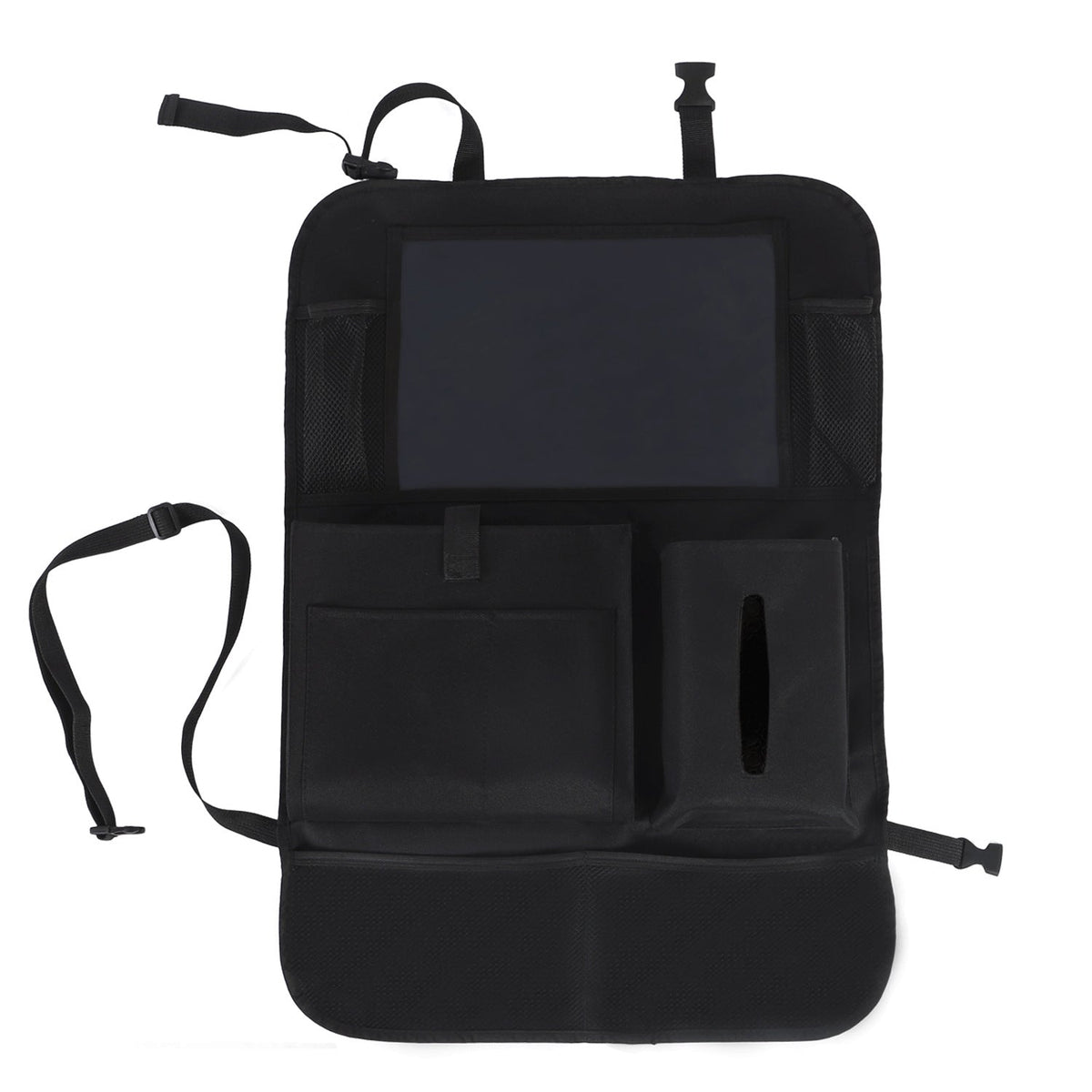 Child car seat back cover with touch screen, black rear-seat organizer displayed from the front