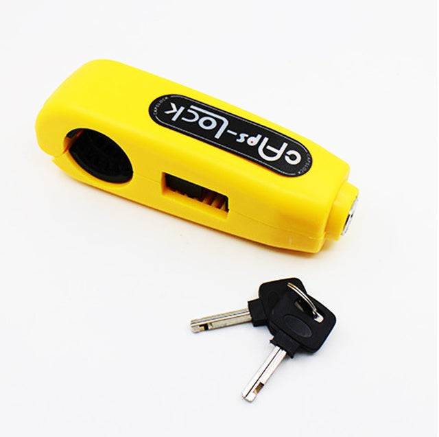 Motorcycle and scooter security lock by Caps, compact metal lock shown on a plain background
