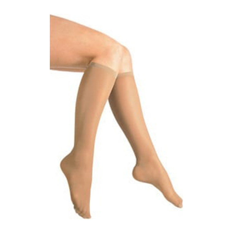 Beige women's microfiber compression knee-high socks with closed toe, 10-20 mmHg, small size, designed for comfort and support.