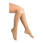 Beige women's microfiber compression knee-high socks with closed toe, 10-20 mmHg, small size, designed for comfort and support.