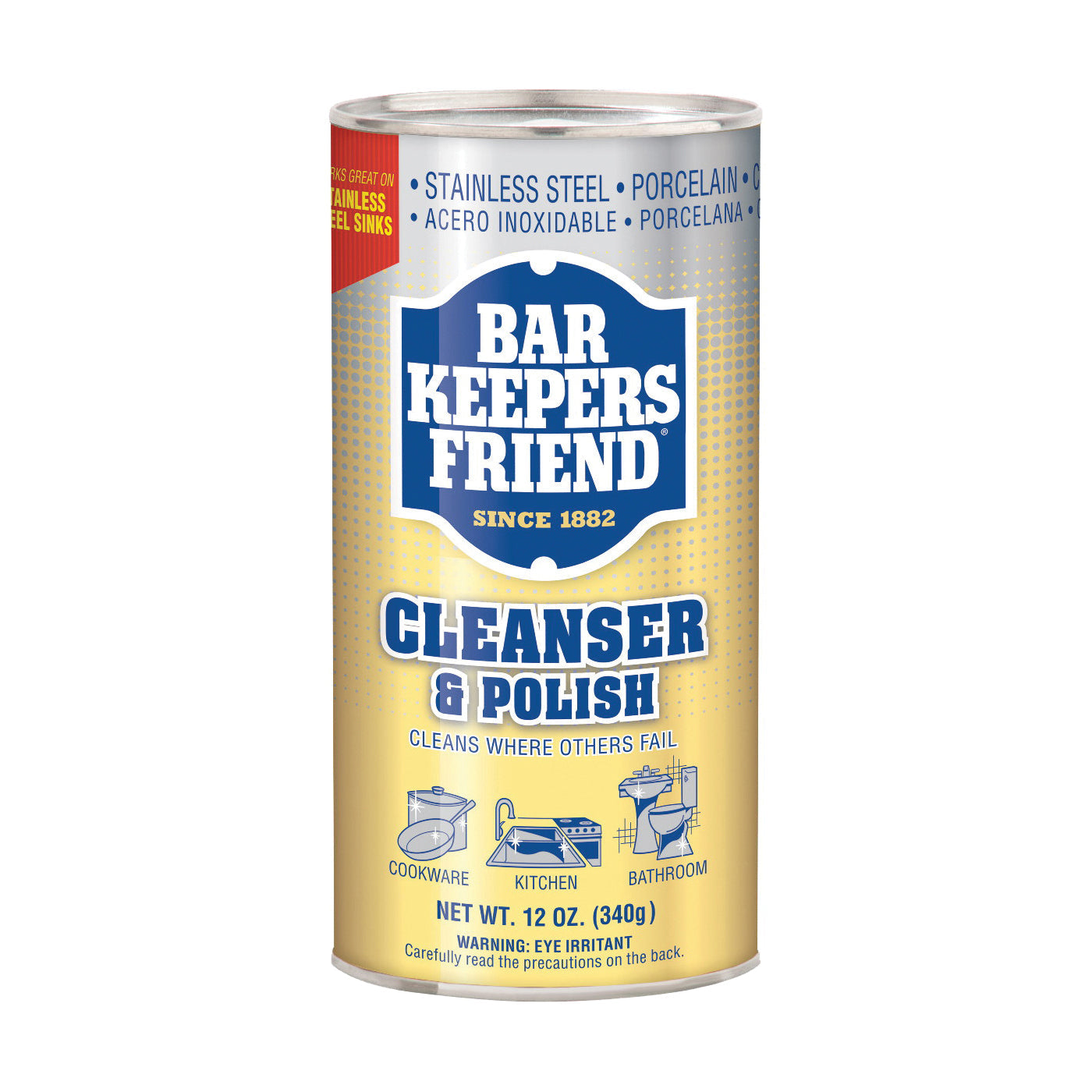 White powder cleanser and polish in a 12 oz can from Bar Keepers Friend, for furniture cleaning and polishing.