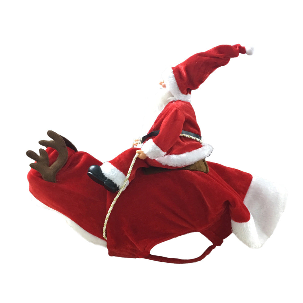 Dog Christmas clothes featuring Santa Claus riding a deer design, festive pet costume outfit