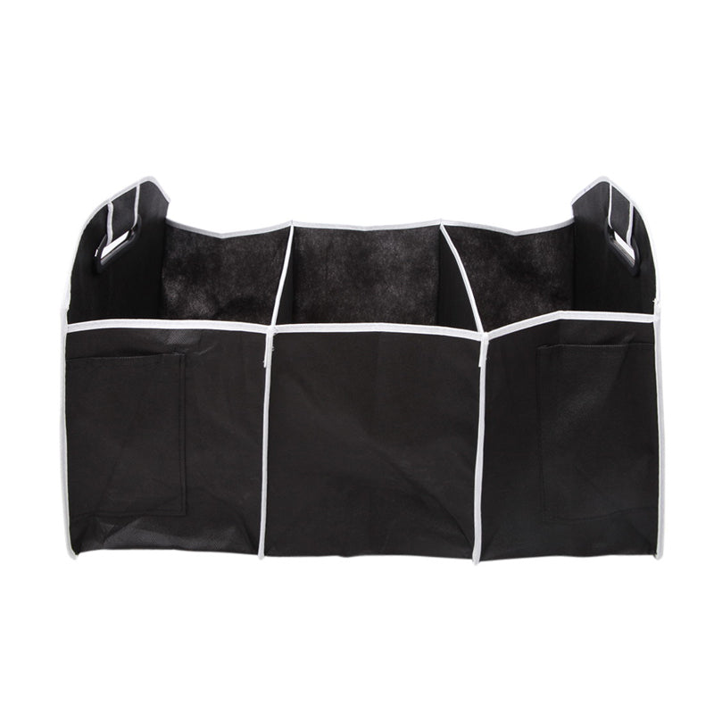 Black folding car storage box trunk bag with handles, organizing vehicle tools and interior accessories