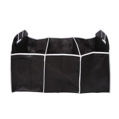 Black folding car storage box trunk bag with handles, organizing vehicle tools and interior accessories