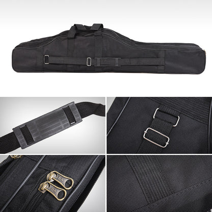 Foldable pot belly fishing rod bag with structured storage compartments and durable handles