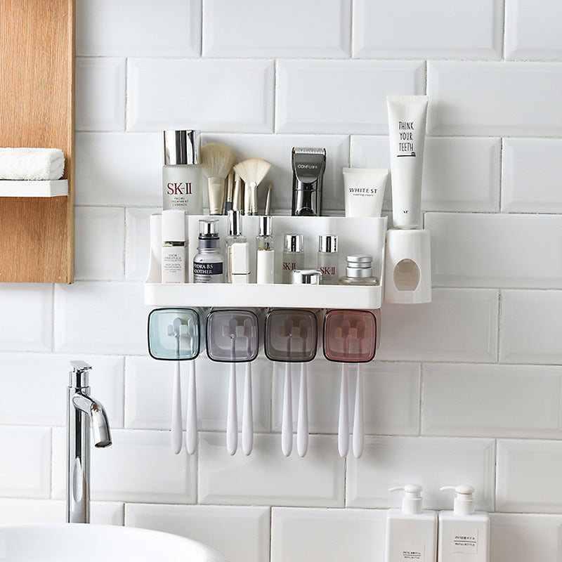 Toothbrush holder bathroom shelving with perforation-free suction wall mount for toiletries