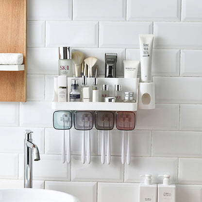 Toothbrush holder bathroom shelving with perforation-free suction wall mount for toiletries
