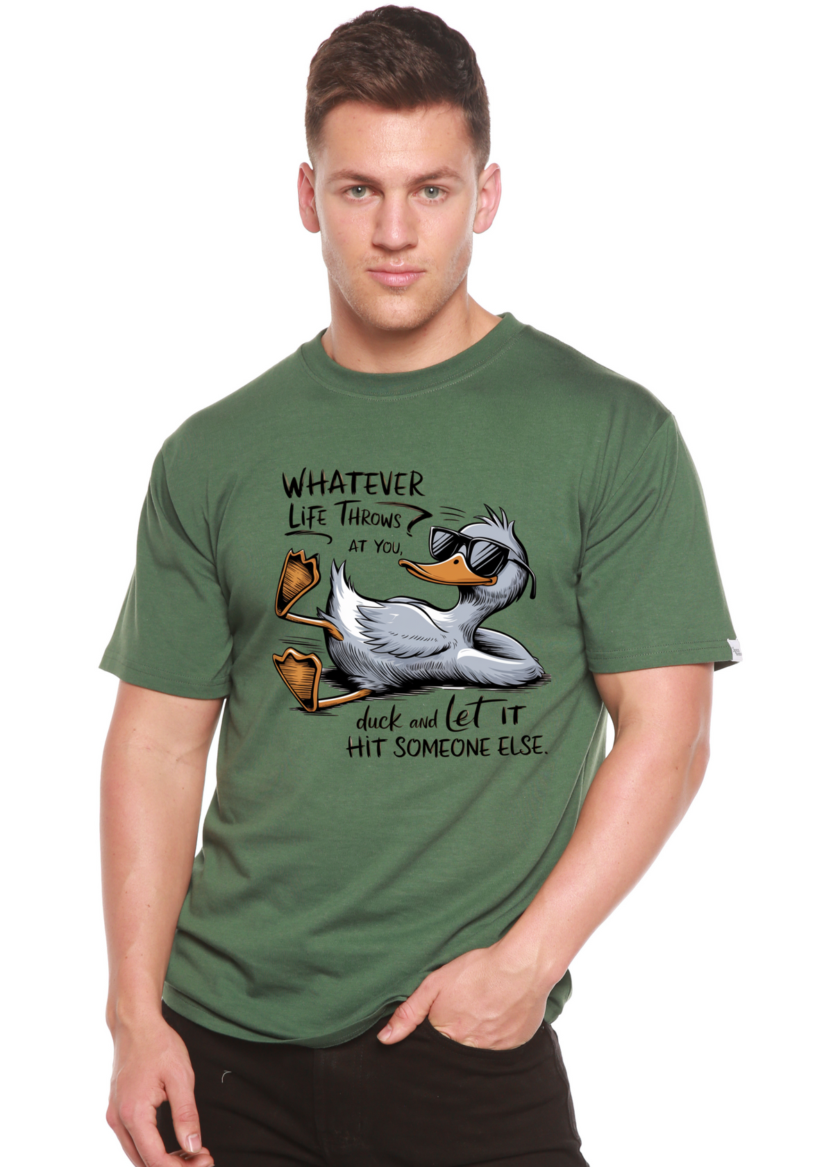 Spun Bamboo men's graphic T-shirt with funny "Whatever Life Throws at You" print in bamboo and cotton fabric.