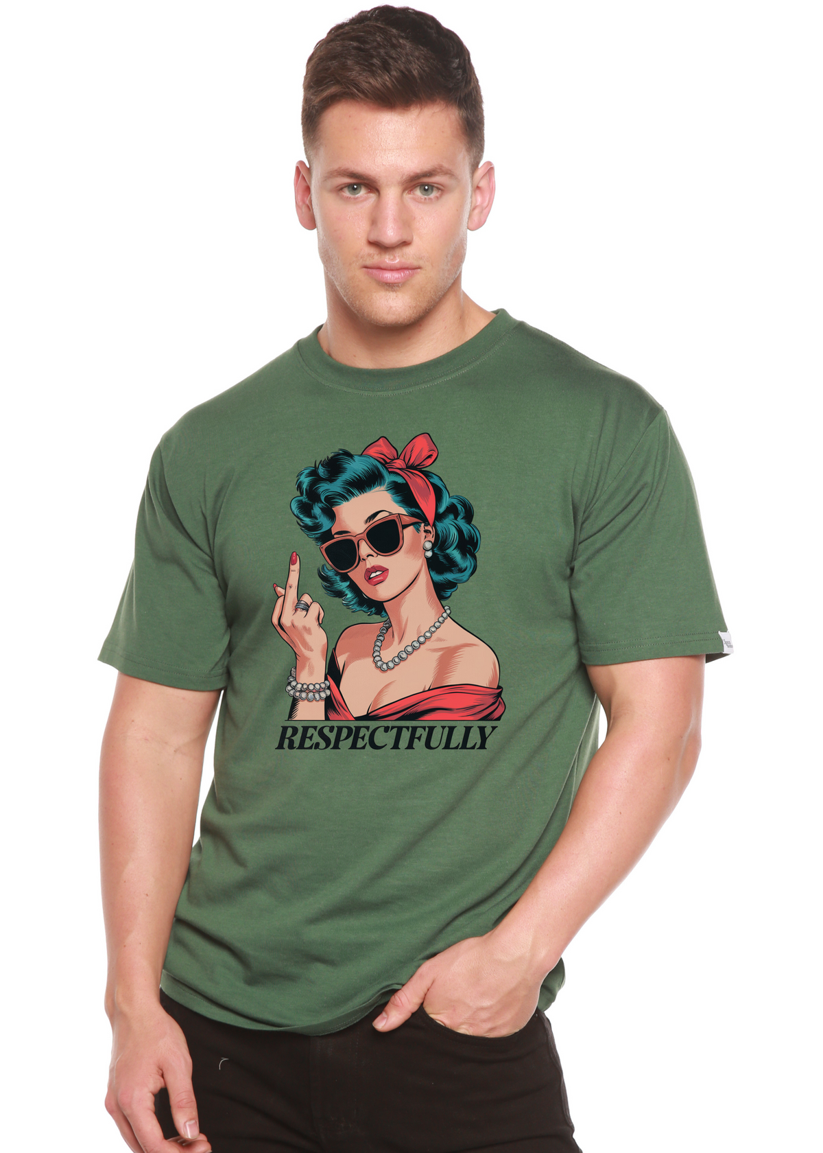 Unisex bamboo and cotton graphic T-shirt with a respectful middle finger print, men's printed T-shirt by Spun Bamboo.