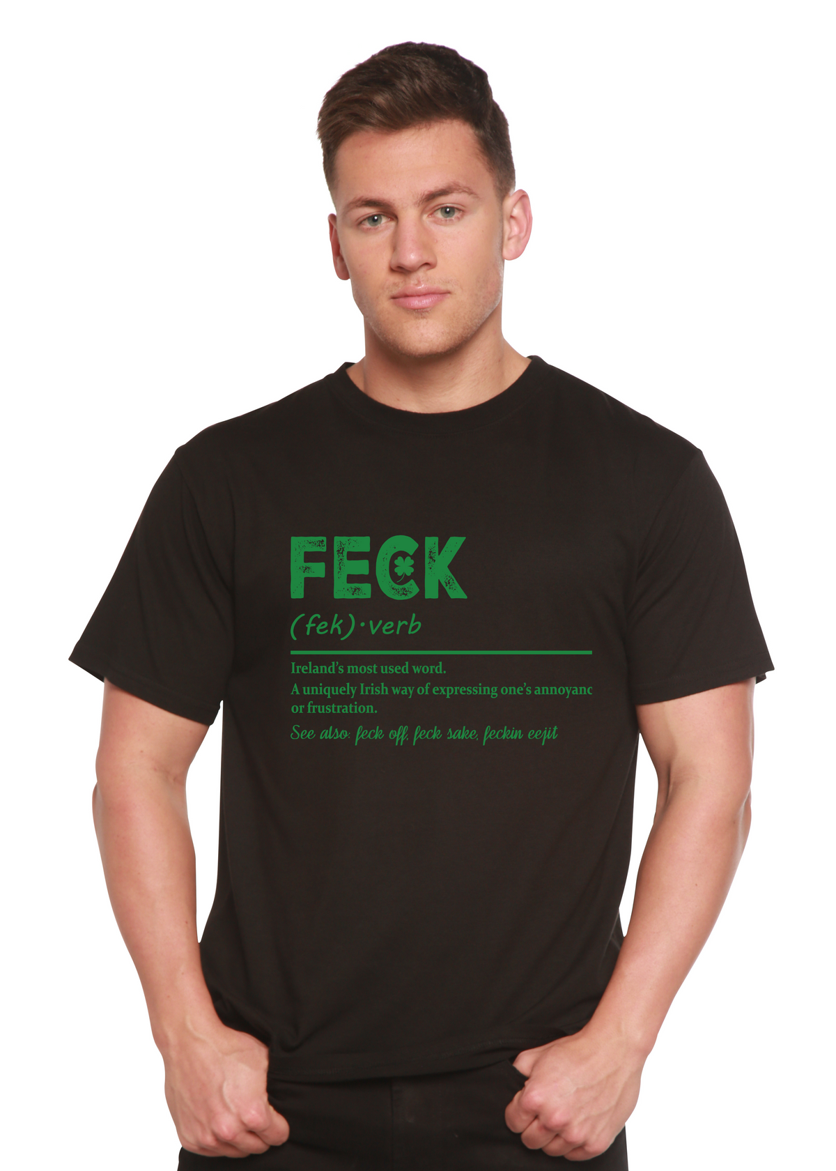 Men's Feck Irish St. Patrick's Day graphic T-shirt by Spun Bamboo, featuring a colorful printed Irish-themed design on bamboo and cotton fabric.