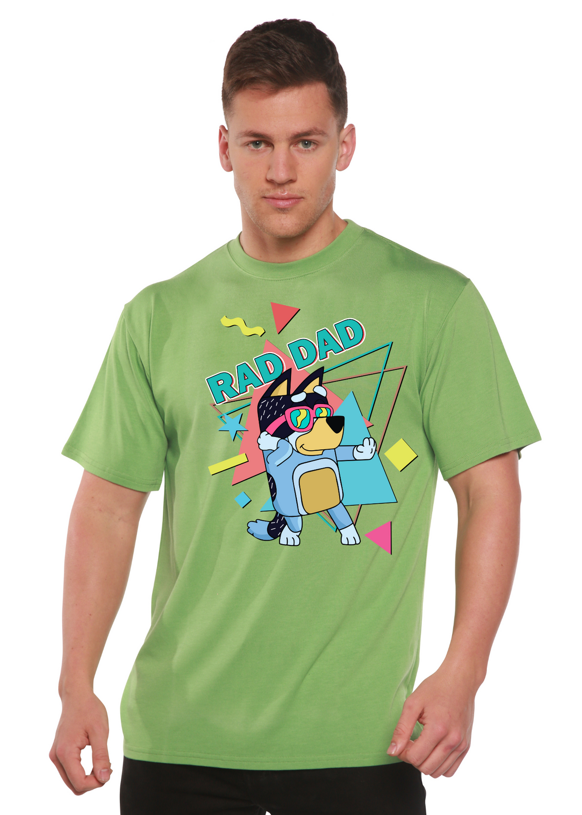 Blue men's bamboo short sleeve graphic T-shirt featuring Rad Dad Bluey print from Spun Bamboo, casual men's printed tee.