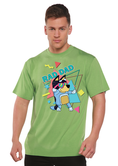 Blue men's bamboo short sleeve graphic T-shirt featuring Rad Dad Bluey print from Spun Bamboo, casual men's printed tee.