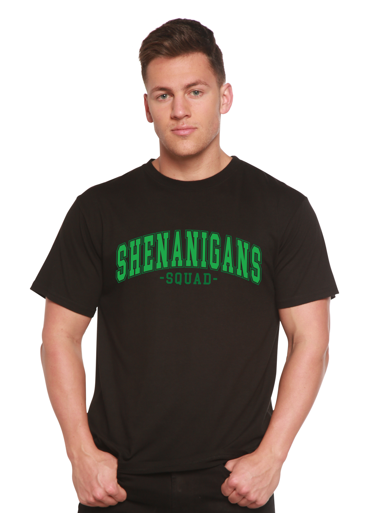 Unisex bamboo and cotton graphic T-shirt from Spun Bamboo with playful Shenanigans Squad design, casual men's printed tee.
