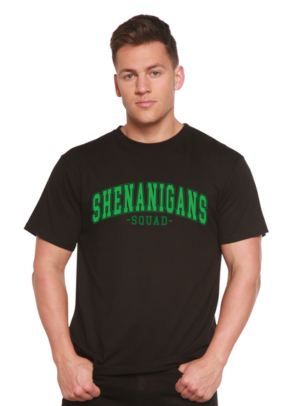 Unisex bamboo and cotton graphic T-shirt from Spun Bamboo with playful Shenanigans Squad design, casual men's printed tee.