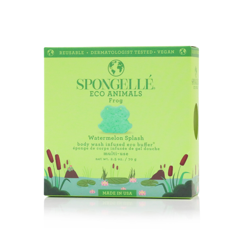 Spongellé eco animals kids frog body wash infused buffer with soft sponge and playful frog design for gentle cleansing.