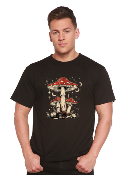 Men's printed T-shirt by Spun Bamboo featuring boho retro hippie mushroom graphic on natural bamboo and cotton fabric.