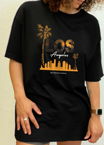 Mens printed graphic T-shirt by Spun Bamboo featuring Los Angeles design in bamboo viscose and organic cotton fabric.
