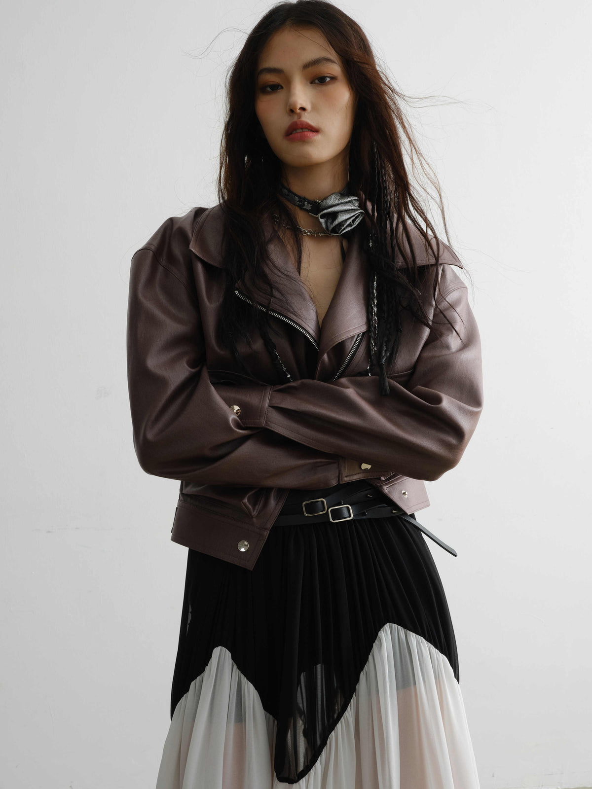 Handsome loose PU leather jacket coat in black with a casual zip-front design
