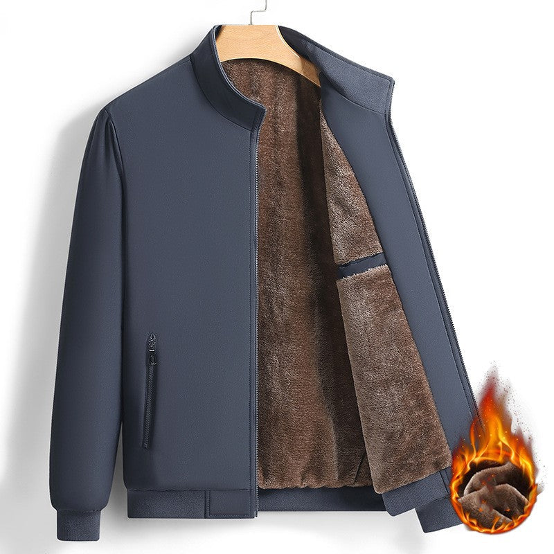 Men's winter jacket with thick fleece lining, front zipper, and warm hood in dark gray