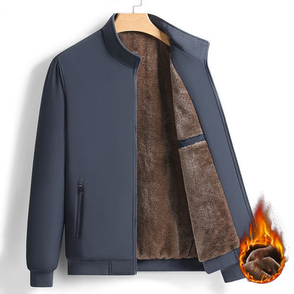Men's winter jacket with thick fleece lining, front zipper, and warm hood in dark gray