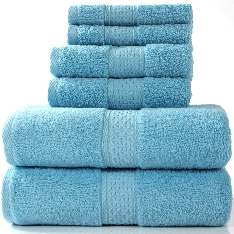 Cotton absorbent towel set, available in 3-piece and 6-piece options, neatly folded in assorted colors