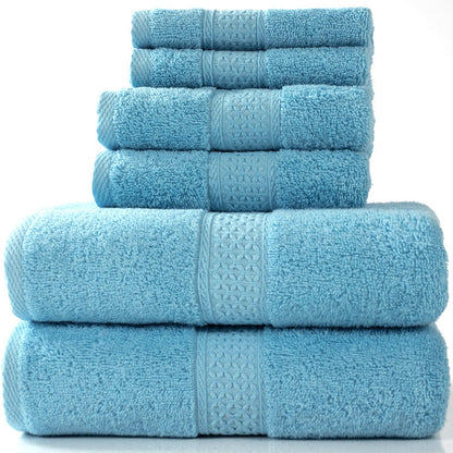 Cotton absorbent towel set, available in 3-piece and 6-piece options, neatly folded in assorted colors