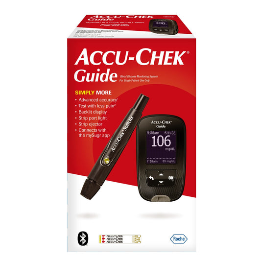 Accu-Chek Guide blood glucose monitoring system with display screen and test strip port, used for diabetes management.