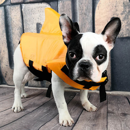 Dog life vest summer shark pet life jacket with adjustable straps and shark design.