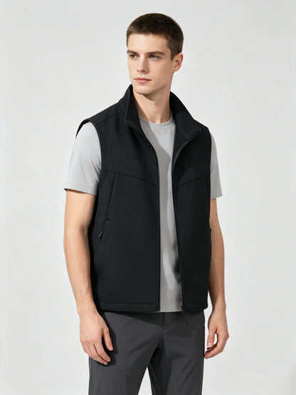 Men and women softshell vest with stand collar, zip front, fleece lining, and sleeveless windproof outdoor design