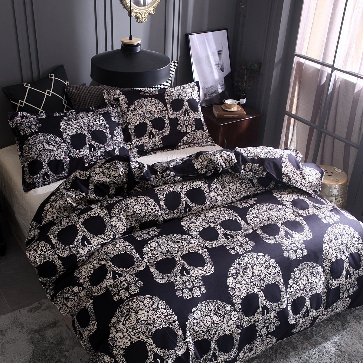 Skull home textiles set quilt cover in a bold skull design, shown flat for clear detail