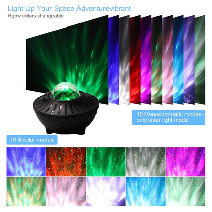 LED Bluetooth music projector light displaying colorful stars on a dark ceiling.