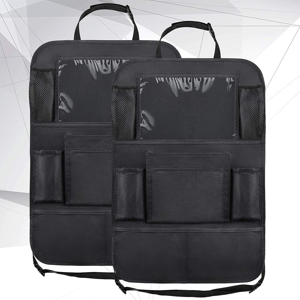 Child car seat back cover with touch screen in black and gray; My Store automotive accessory