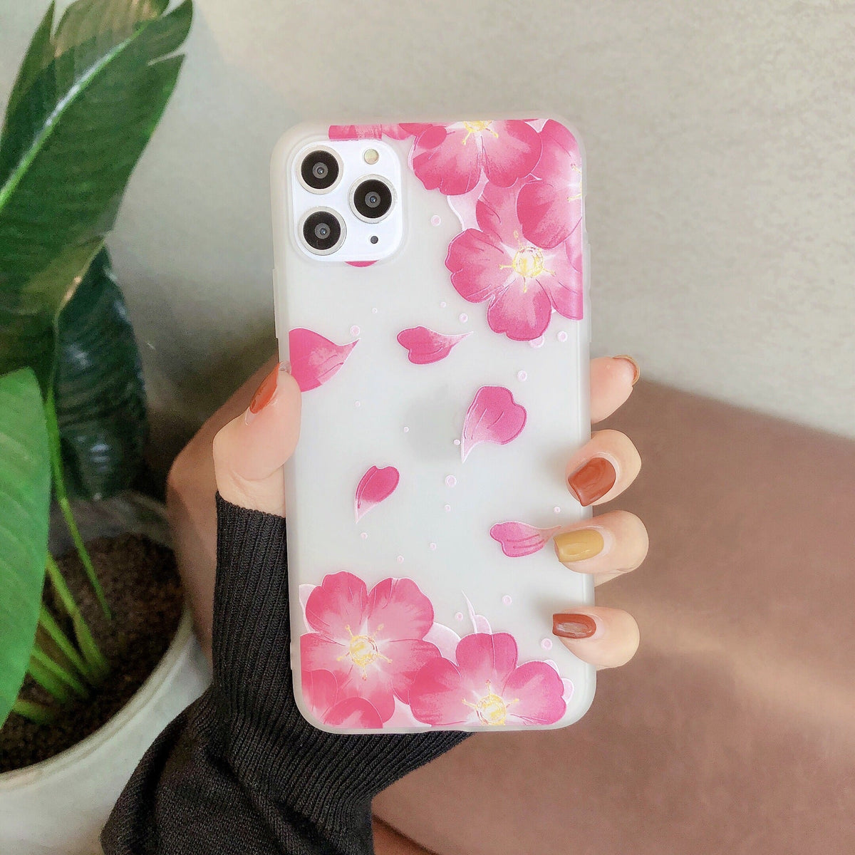 Frosted transparent creative flower phone case with delicate floral design and protective fit