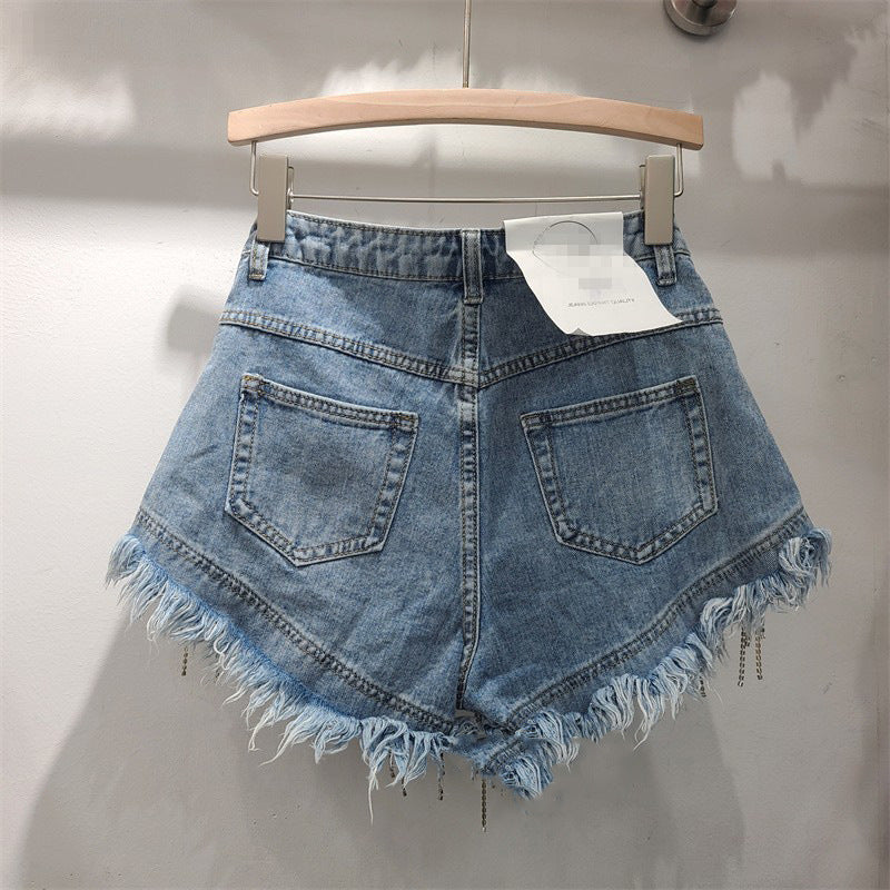 BackupMyFilesNow® 2023 summer high-waisted ripped denim shorts for women, showing the distressed denim design and fit.
