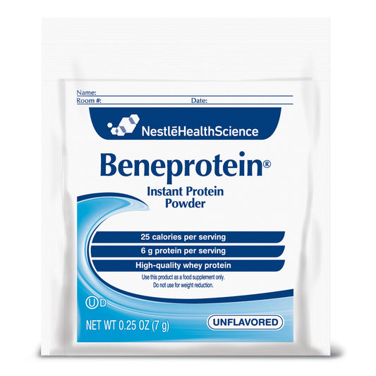 Resource Nestle Beneprotein instant protein powder packet, 7g, from Pasteur Pharmacy, shown in a case of 75 packets for fitness and nutrition.