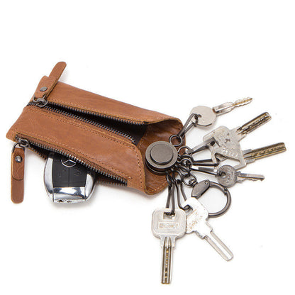 Leather car key bag in compact rectangular design, shown from the front