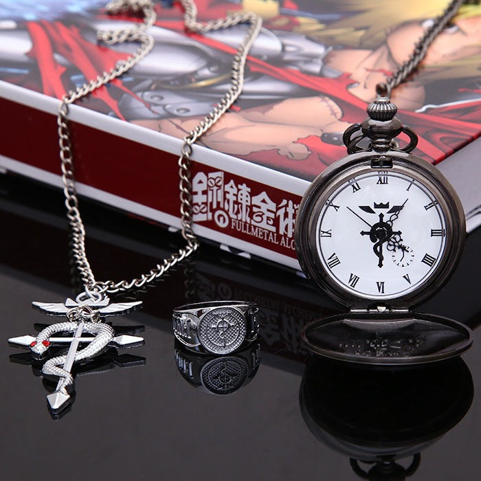 Fullmetal Alchemist pocket watch with engraved alchemy design and chain