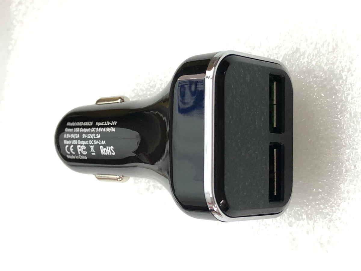 My Store car charger with digital display in black, shown close up