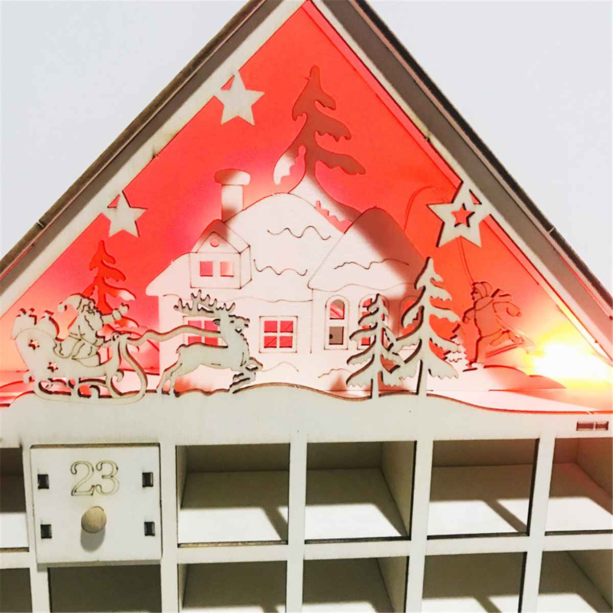 Christmas wooden calendar decorations, festive wooden holiday calendar ornaments displayed together
