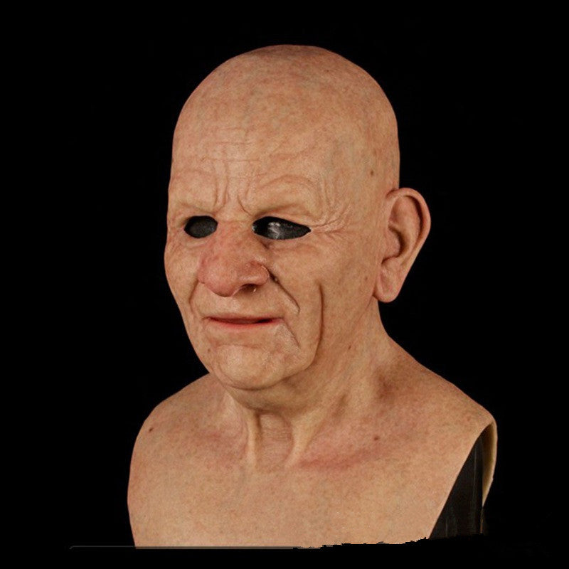 Old man mask with white hair and beard Halloween headgear, realistic face design