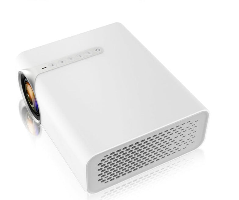 Portable mini HD 1080P projector for home use, compact design with lens and control buttons