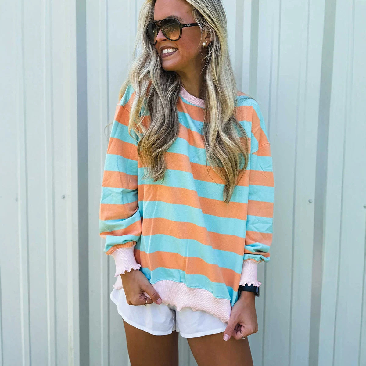 Relaxed-fit minimalist striped colorblock pullover crewneck sweatshirt by My Store