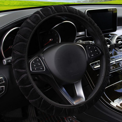 Plush car steering wheel cover, soft fuzzy texture in a close-up product view