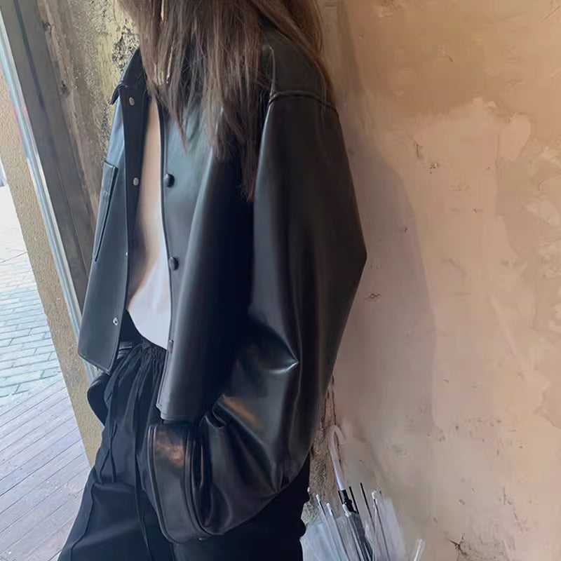 Petite spring-autumn short leather jacket by My Store in a sleek cropped design