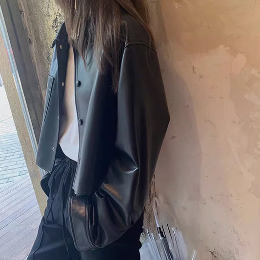 Petite spring-autumn short leather jacket by My Store in a sleek cropped design