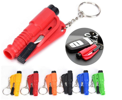 Mini emergency safety hammer keychain with compact black design and metal striking tip